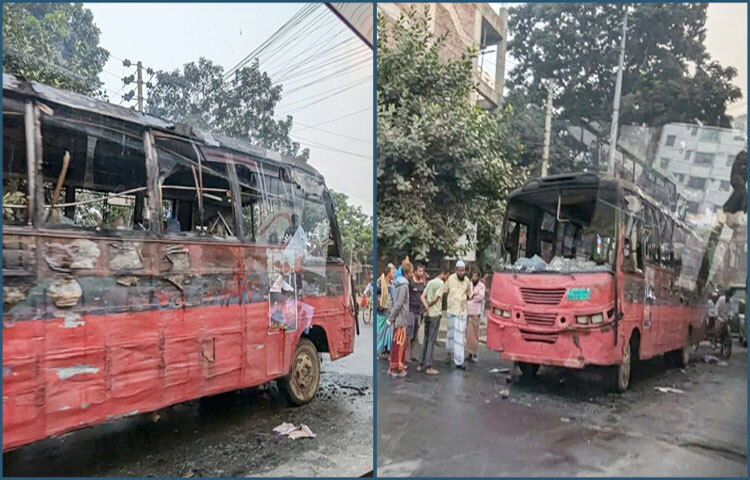 রাজধানীর মেরুল বাড্ডা ও শাহজাদপুর এলাকায় দুটি বাসে আগুন দিয়েছে দুর্বৃত্তরা। দুটি বাসই ভিক্টর পরিবহনের। কে বা কারা বাস দুটিতে আগুন দিয়েছেন সে বিষয়ে নিশ্চিত কোনো তথ্য পাওয়া যায়নি। ছবি: সংগৃহীত