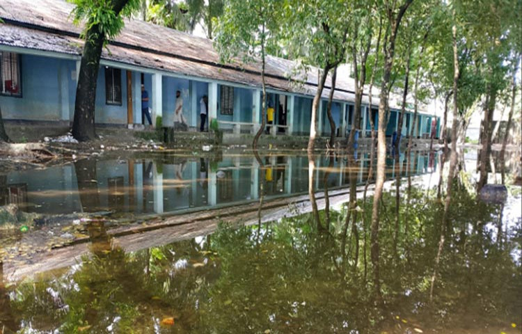 সামান্য বৃষ্টিতেই পানিতে তলিয়ে যায় চাঁদপুরের চিফ জুডিসিয়াল ম্যাজিস্ট্রেট আদালত চত্বর। এতে সেবা নিতে আসা মানুষ, কর্মকর্তা-কর্মচারী ও আইনজীবীদের চরম দুর্ভোগে পোহাতে হচ্ছে। জলমগ্নতায় হাঁটাচলা ও দাঁড়ানোরও সুযোগ নেই আদালত প্রাঙ্গণে। ছবি: শরীফুল ইসলাম