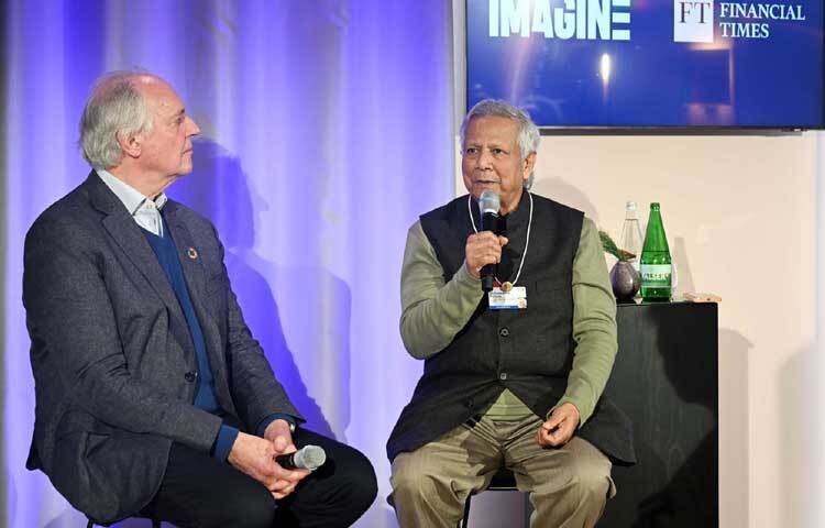 প্রধান উপদেষ্টা প্রফেসর মুহাম্মদ ইউনূস সুইজারল্যান্ডের ডাভোসের ফিন্যান্সিয়াল টাইমস হাউজে ইমেজিন ইভেন্ট-১ পল পোলম্যানের কাছে সাক্ষাৎকার দেন। ছবি: পিআইডি