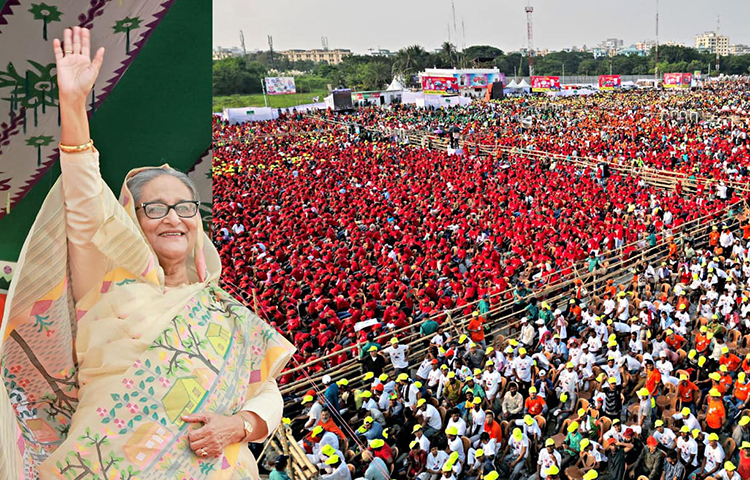 প্রধানমন্ত্রী শেখ হাসিনা আজ বিকেলে রাজধানীর কাওলাস্থ সিভিল এভিয়েশন মাঠে আওয়ামী লীগ আয়োজিত জনসভায় পৌঁছে নেতাকর্মীদের হাত নেড়ে শুভেচ্ছা জানান। ছবি: ইয়াসিন কবির জয়