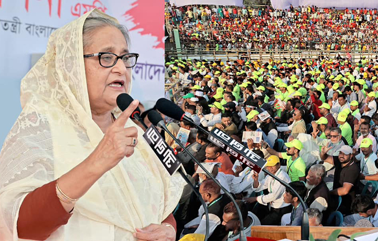 সাহস থাকলে তারেক রহমানকে দেশে আসার আহ্বান জানিয়েছেন প্রধানমন্ত্রী শেখ হাসিনা। আজ বিকেলে নরসিংদীর মোসলেহ উদ্দিন স্টেডিয়ামে আয়োজিত জনসভায় যোগ দিয়ে সরকারপ্রধান এ আহ্বান জানান। ছবি: ইয়াসিন কবির জয়