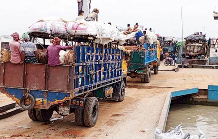 এবার কোনো ধরনের ভোগান্তি ছাড়াই রাজবাড়ীর দৌলতদিয়াঘাট ব্যবহার করে পদ্মা পাড়ি দিয়ে রাজধানী ঢাকাসহ বিভিন্নস্থানে যাচ্ছে কোরবানির পশুবাহী ট্রাক। এতে খুশি গরু ব্যবসায়ী ও ট্রাকচালকরা। এদিকে, ঈদুল আজহার বাকি আর মাত্র দুইদিন। ঈদের দিন যতই ঘনিয়ে আসছে, ততই ঢাকামুখী পশুবাহী ট্রাকের চাপ বাড়ছে। ছবি: জাগো নিউজ