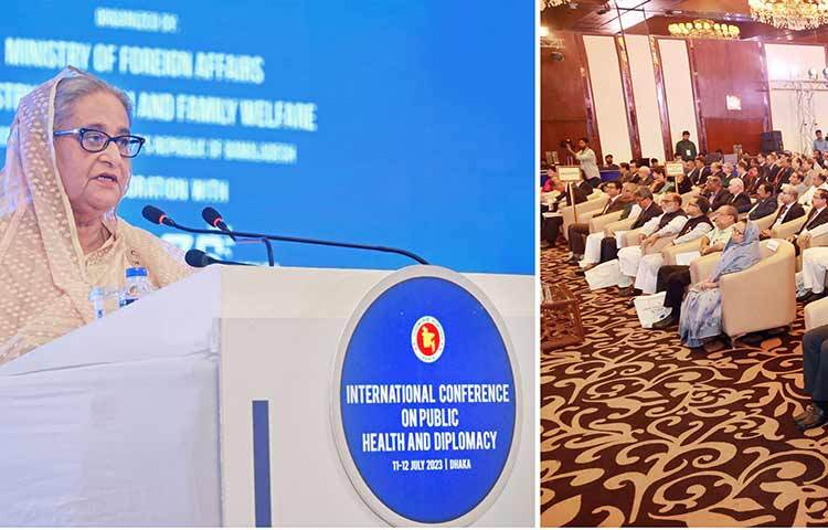 প্রধানমন্ত্রী শেখ হাসিনা জনগণের স্বাস্থ্য ঝুঁকি মোকাবেলায় পিছিয়ে থাকা দেশগুলোর নিজস্ব সক্ষমতা বৃদ্ধির জন্যে জনস্বাস্থ্য সম্পর্কিত লক্ষ্য অর্জনে কার্যকর বৈশ্বিক অংশীদারিত্ব প্রতিষ্ঠার আহ্বান জানিয়েছেন। প্রধানমন্ত্রী আজ রাজধানীর প্যান প্যাসিফিক সোনারগাঁও হোটেলে আয়োজিত ‘জনস্বাস্থ্য ও কূটনীতি’ বিষয়ক দুদিনের আন্তর্জাতিক সম্মেলনের উদ্বোধনী অনুষ্ঠানে এ আহ্বান জানান। ছবি: ইয়াসিন কবির জয়