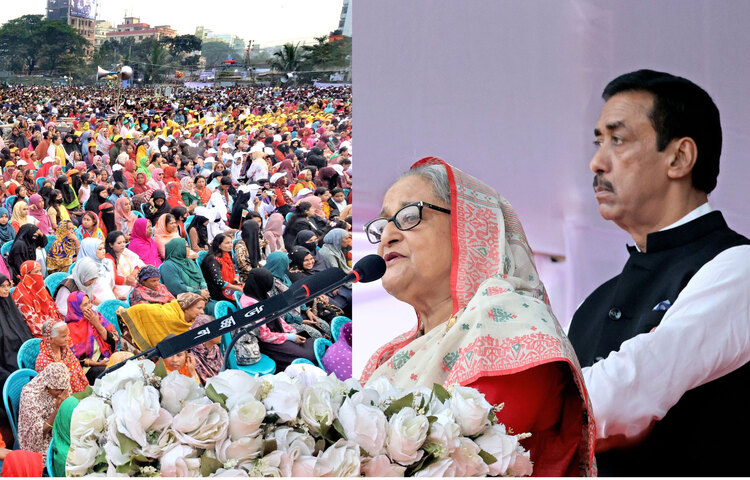 আওয়ামী লীগ সভাপতি ও প্রধানমন্ত্রী শেখ হাসিনা আজ বিকেলে নারায়ণগঞ্জ শহরের শামসুজ্জোহা ক্রীড়া কমপ্লেক্স মাঠে আওয়ামী লীগের নির্বাচনী জনসভায় বক্তব্য দেন। ছবি: ইয়াসিন কবির