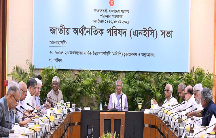 ঢাকায় আগারগাঁওয়ে পরিকল্পনা কমিশনের সম্মেলন কক্ষে জাতীয় অর্থনৈতিক পরিষদ (এনইসি) সভায় সভাপতিত্ব করেন প্রধান উপদেষ্টা প্রফেসর মুহাম্মদ ইউনূস। ছবি: পিআইডি