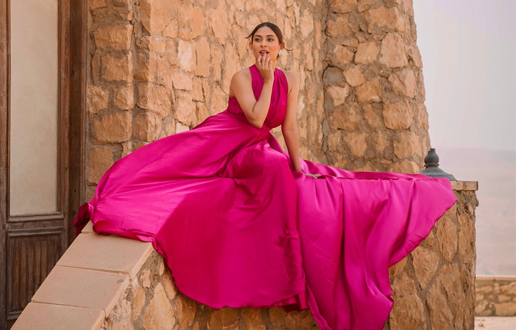 ম্যাজেন্টা রঙের হল্টারনেক গাউন, কানে হীরার স্টেটমেন্ট দুল, নিট বান হেয়ারস্টাইলের সঙ্গে মানানসই মেকআপে ফ্রেমবন্দী হয়েছেন মেহজাবীন।