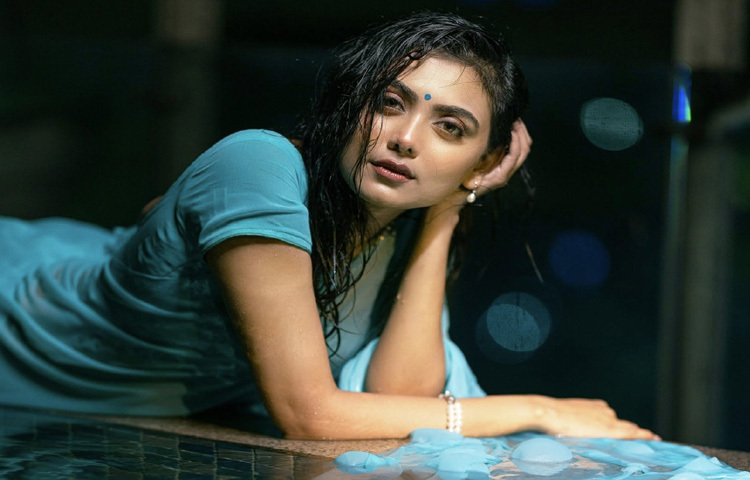 গয়নায় ছিল নীল টিপ, মুক্তার ব্রেসলেট, নেকলেস আর কানে মানানসই দুল-যা সাজকে পূর্ণতা দান করেছে।