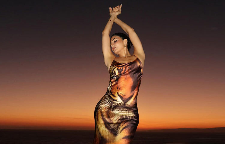 গাঢ় বাদামি, সোনালি আর কালচে শেডের মিশ্রণে তৈরি এই বডি-হাগিং আউটফিটে ফুটে উঠেছে তার নিখুঁত ফিগার।