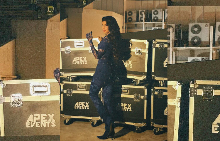 পোশাকটির সূক্ষ্ম ফুলেল নকশা জ্যাকুলিনের সিলুয়েটকে শিল্পমুখরভাবে ফুটিয়ে তুলেছে। সামনের অংশে মেশ ওভারলে এবং ইন-বিল্ট ডাবল মেশ স্কার্ট রয়েছে, যেখানে ঝলমল করে টিয়ার ড্রপ স্টোন। পায়ের ম্যাচিং অ্যাঙ্কল বুট লুকটিকে আরও পরিপূর্ণ করেছে।