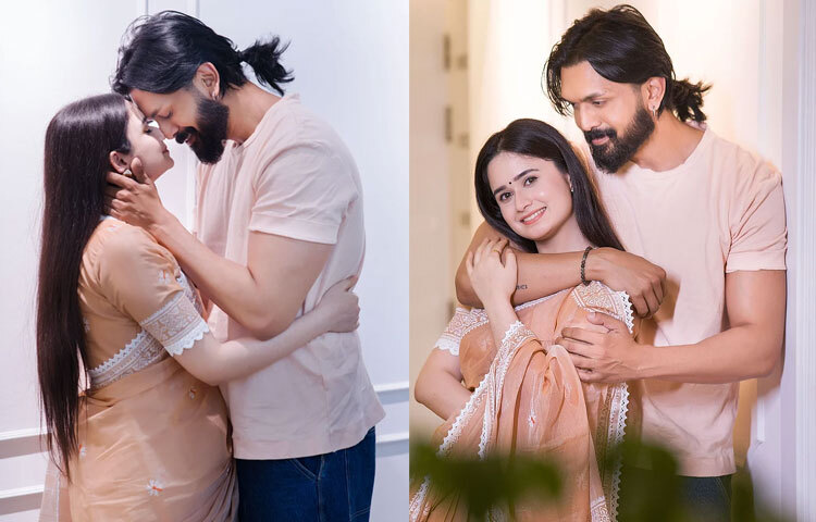 পীচরঙা শাড়িতে অভিনেতা আরিফিন শুভর সঙ্গে ফটোশ্যুট করেছেন ঐশী। ম্যাচিং লেস বসানো ব্লাউজের ছিমছাম লুকে নায়িকাকে বেশ রোমান্টিক মুডে দেখা যায় নায়কের সঙ্গে।