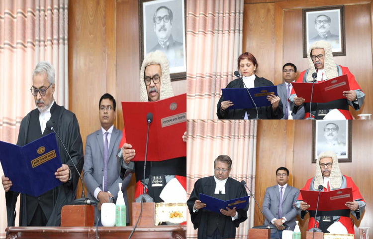 সুপ্রিম কোর্টের আপিল বিভাগে নবনিযুক্ত তিন বিচারপতিকে শপথ পড়িয়েছেন প্রধান বিচারপতি ওবায়দুল হাসান। ছবি: ফজলুল হক