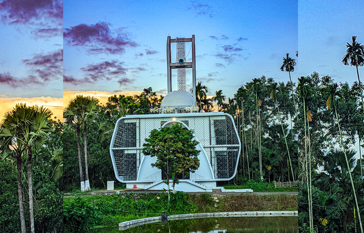 দূর থেকে দুইতলাবিশিষ্ট মসজিদের সামনের অংশ দেখতে অনেকটা টেলিভিশন আকৃতির মনে হয়। এর সুউচ্চ বিশেষ ধরনের মিনারটি মসজিদটির সৌন্দর্য আরও বাড়িয়ে দিয়েছে। ছবি: জহিরুল হাসান মাহিম