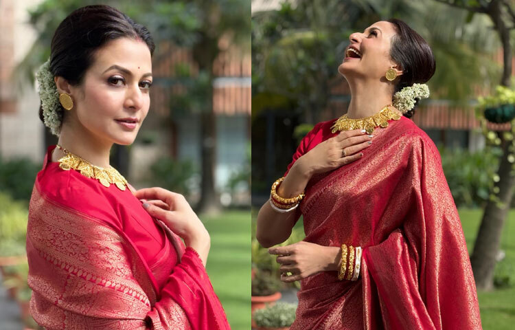 ঐতিহ্যের অবিচ্ছেদ্য অংশ লাল শাড়ি আর ভারী সোনার গয়নায় সেজেছেন টালিউড কুইন কোয়েল মল্লিক। এই সাজে তিনি যেন বাংলার পূজার চিরন্তন রূপকথাকে জীবন্ত করে তুললেন।