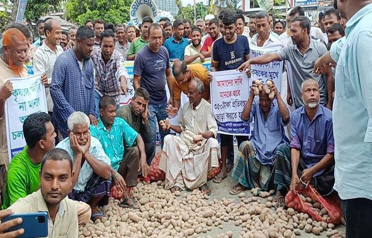 কুড়িগ্রামে হিমাগারের ভাড়া বৃদ্ধির প্রতিবাদে রাস্তায় আলু ফেলে অবরোধ কর্মসূচি পালন করেছেন চাষি ও ব্যবসায়ীরা। ছবি: রোকনুজ্জামান মানু