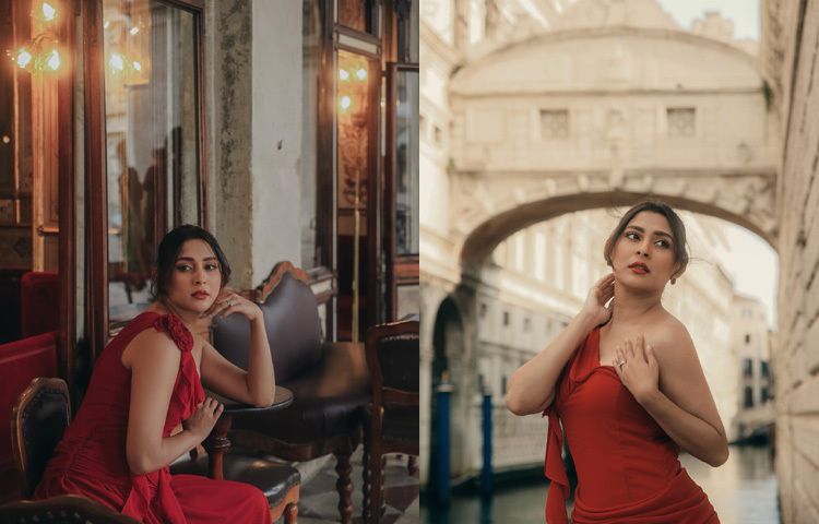 ঠোঁটে ছিল ক্লাসিক লাল লিপস্টিক। কানে পরা লাল পাথরের স্টাড ও হাতে একমাত্র আংটি-মিনিমালিস্ট জুয়েলারিতে ছিল শুদ্ধতার ছাপ।