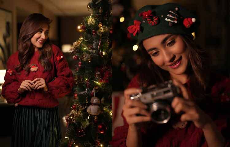 মেরুন পুলওভারের সঙ্গে ক্রিসমাস থিমের হ্যাটে হাস্যোজ্জ্বল অভিনেত্রী মেহজাবীন চৌধুরী।