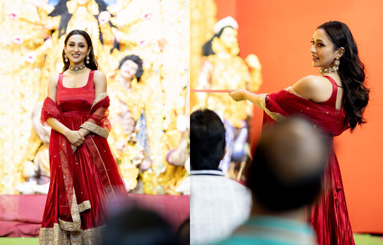 মিমি চক্রবর্তীর লাল আনারকলির ঝলকে যেন উৎসবের রং একেবারে প্রাণ পেয়ে উঠেছে। ভারী চোকার আর দুল তার গ্ল্যামারাস সাজকে করেছে সম্পূর্ণ।