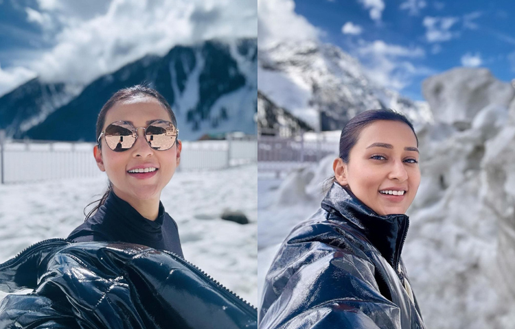 সাদাবরফের সঙ্গে যেন বন্ধুত্ব করেছেন অভিনেত্রী। ছবি: ফেসবুক থেকে