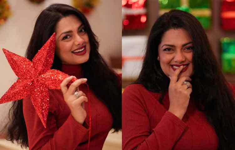 মেরুন টারটলনেক, মেরুন লিপসে অপরূপ নুসরাত ইমরোজ তিশা। নজর কাড়ছে তার হাতের ঝিকিমিকি লাল তারা।