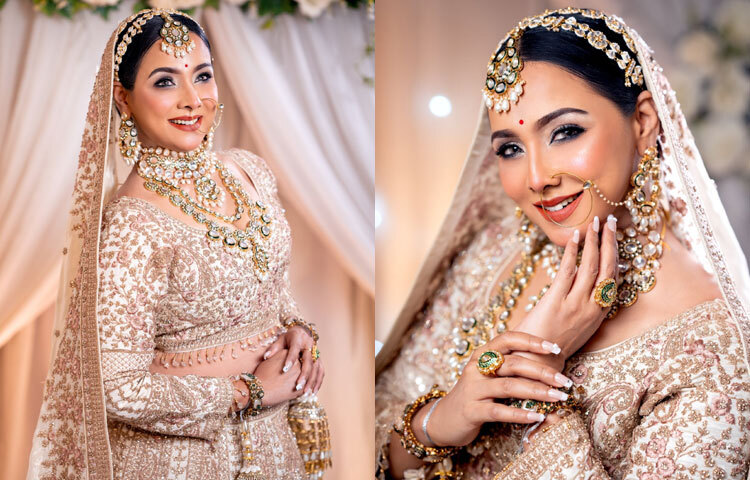 চোখে ঘন কালো কাজল ও লাইনার, মাসকারার সঙ্গে লাল ছোট টিপ এবং সেমি-ম্যাট লিপকালার যেন নজর আটকে রাখে।