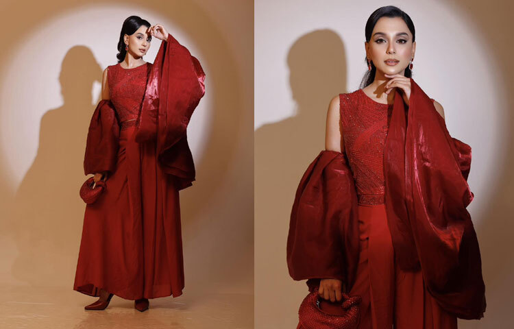 লাল গাউন, মানানসই মেকআপ ও হাইহিলে বেশ স্টাইলিশ লাগছে তাকে।