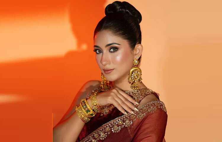 শাড়ির সঙ্গে মানানসই ভেলভেটের স্লিভলেস ব্লাউজে রয়েছে সূক্ষ্ম বিডস ও সিকুইনের পরিপাটি কাজ, যা পুরো লুকটিকে করেছে আরও মোহনীয়।