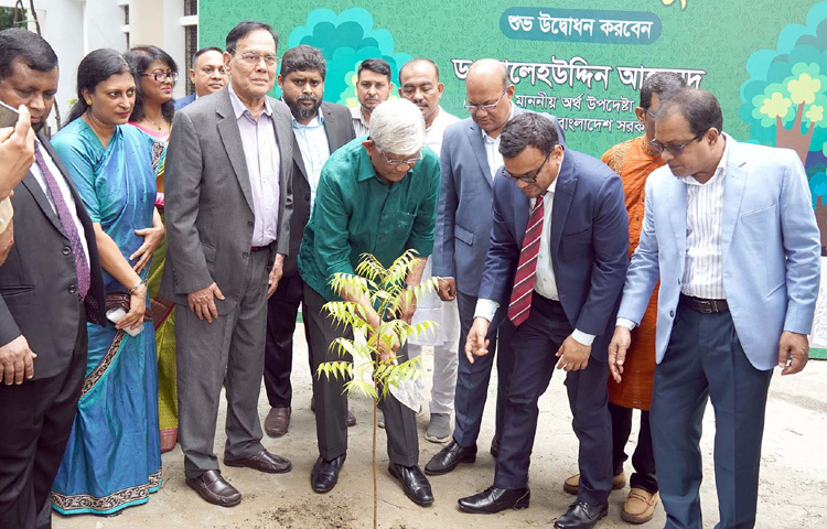 ঢাকায় মিরপুরে বাংলাদেশ কৃষি ব্যাংক স্টাফ কলেজে সকল ব্যাংক ও আর্থিক প্রতিষ্ঠান আয়োজিত ‘জুলাই পুনর্জাগরণ ও তারুণ্যের উৎসব’ উপলক্ষ্যে সারাদেশে একযোগে বৃক্ষরোপণ কর্মসূচির উদ্বোধন করেন অর্থ উপদেষ্টা ড. সালেহউদ্দিন আহমেদ। ছবি: পিআইডি