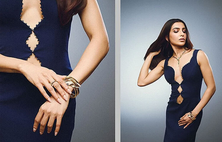 এক নজরেই সবার মন কাড়লেন মিডনাইট ব্লু ফ্লোর-লেংথ কাটআউট গাউনে।