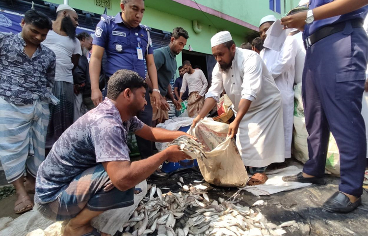 শরীয়তপুরের গোসাইরহাটে ৪০০ কেজি জাটকা জব্দসহ ৪ জনকে আটক করেছে নৌপুলিশ। পরে জব্দ করা মাছ বিভিন্ন এতিমখানায় বিতরণ করা হয়। ছবি: বিধান মজুমদার অনি