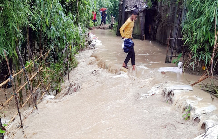 সিলেটের জকিগঞ্জে কুশিয়ারা নদীর ডাইক (নদী প্রতিরক্ষা বাঁধ) ভেঙে প্রবল স্রোতে পানি ঢুকছে লোকালয়ে। ছবি: আহমেদ জামিল