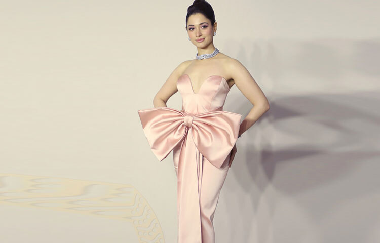 ব্লাশ পিঙ্ক স্ট্র্যাপলেস গাউনে তামান্না ছিলেন একেবারে পুতুলের মতো। ড্রামাটিক বো ডিজাইন লুকে এনেছিল বাড়তি নাটকীয়তা। ডায়মন্ড চোকার ও স্টাড কানে দিয়ে তিনি সাজটি করেছেন নিখুঁত।