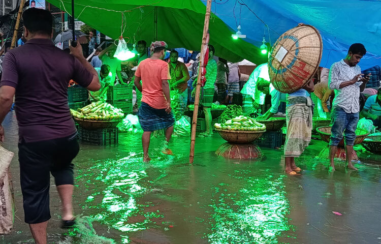 ভিজে গেছে অনেক সবজি, বিক্রির অযোগ্য হয়ে পড়েছে কাঁচা শাক-সবজি।