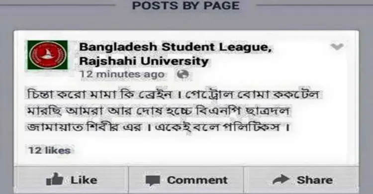 পেট্রল বোমা হামলা : ফেসবুকে ছাত্রলীগের দায় স্বীকার!
