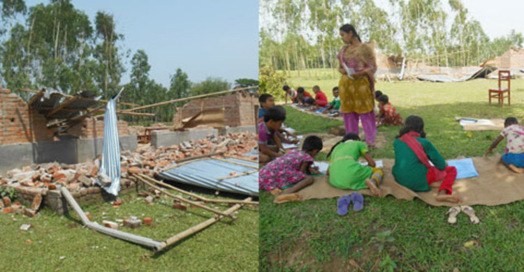 পাঁচবিবিতে চলছে খোলা আকাশের নিচে পাঠদান