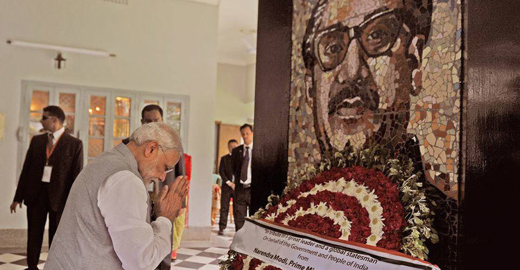 বঙ্গবন্ধুর প্রতিকৃতিতে মোদির শ্রদ্ধা