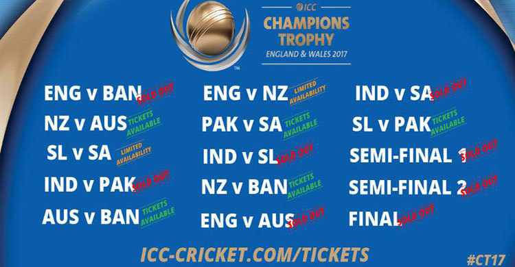 Tickets for eight ICC Champions Trophy matches sold out