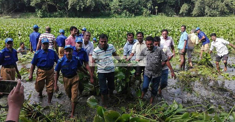 কপোতাক্ষে নেমে কচুরিপানা পরিষ্কার করলেন ইউএনও
