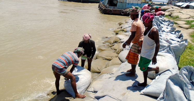 দৌলতদিয়া ঘাট রক্ষায় চলছে জিও ব্যাগ ফেলার কাজ