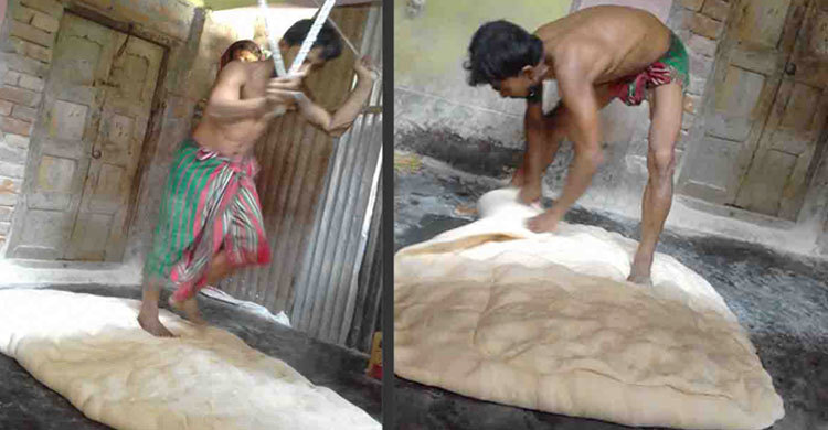নওগাঁয় পা দিয়ে মাড়িয়ে লাচ্ছা তৈরি