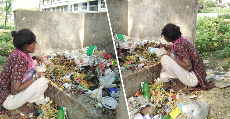 ডাস্টবিনের খাবার খাচ্ছেন নারী