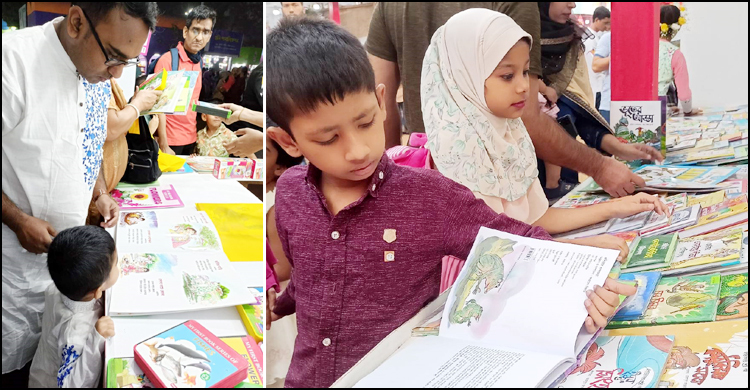 বইয়ের প্রতি আগ্রহ বাড়াতে শিশুদের নিয়ে মেলায় অভিভাবকরা