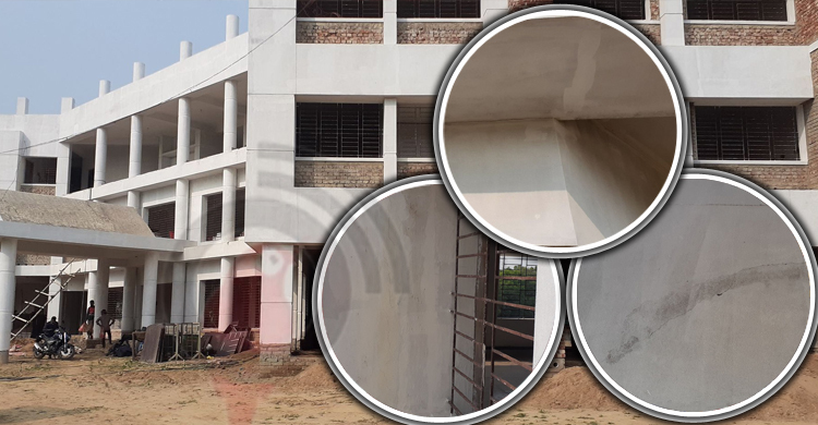 হাইওয়ে থানার নির্মাণাধীন ভবনে ফাটল, মাটি দিয়ে লাগানো হচ্ছে টাইলস