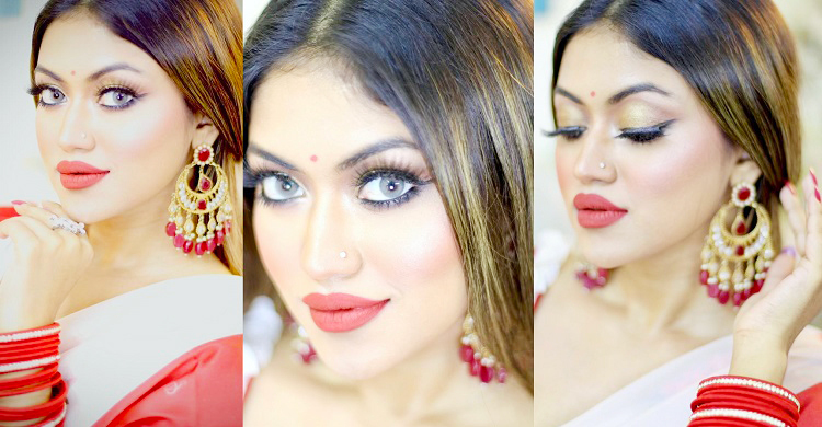অষ্টমীর সাজে মোটা করে কাজল লাগান চোখে