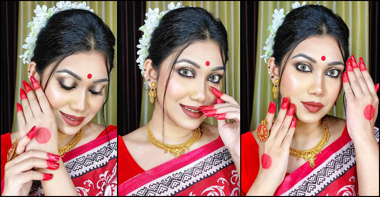 নবমীতে পরুন লাল-সাদা শাড়ি, সঙ্গে লাল টিপ!