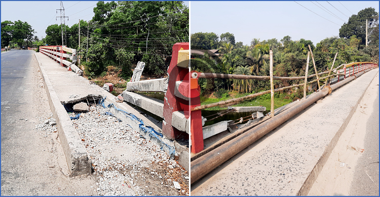 এক সেতুর রেলিং ভাঙা, আরেক সেতুতে বাঁশ