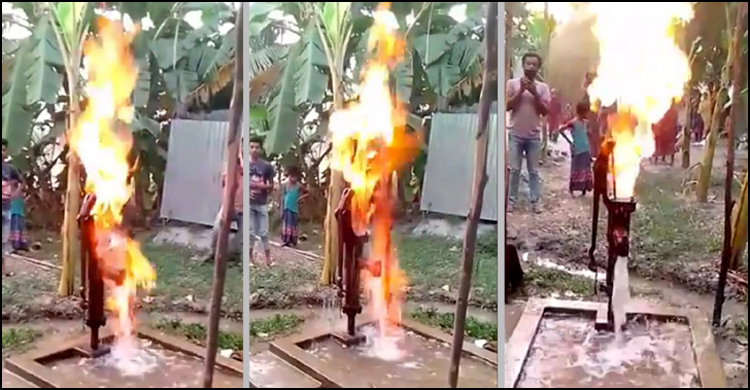 টিউবওয়েল থেকে বের হচ্ছে গ্যাস, জ্বলছে আগুন