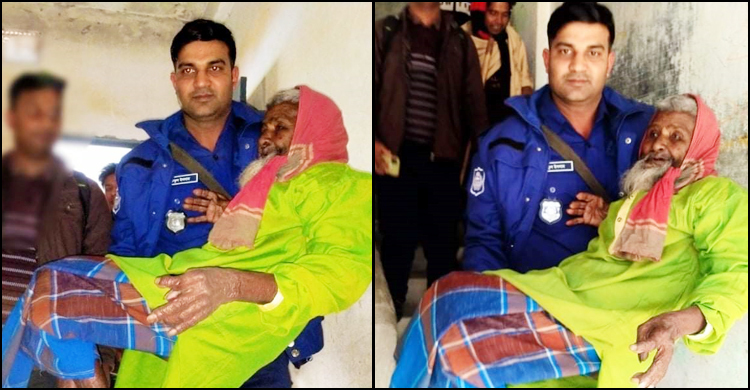 জামালপুরে পুলিশের কোলে চড়ে ভোট দিলেন ৭৫ বছরের বৃদ্ধ