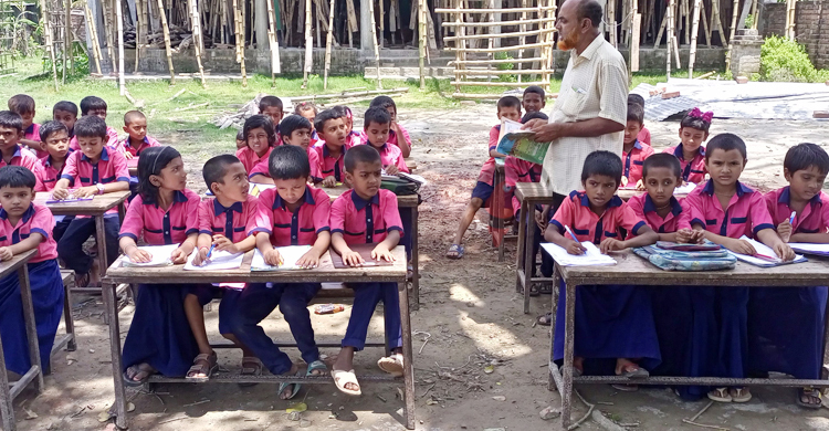 খসে পড়ছে বিদ্যালয় ভবনের পলেস্তারা, গাছতলায় পাঠদান
