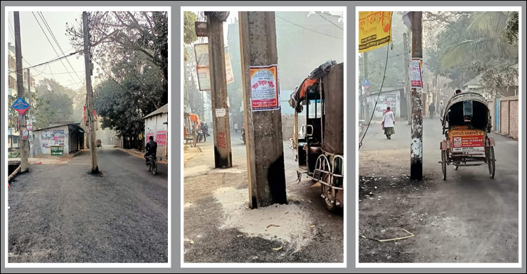রাস্তায় বিদ্যুতের খুঁটি রেখেই সংস্কার, দুর্ঘটনার শঙ্কা