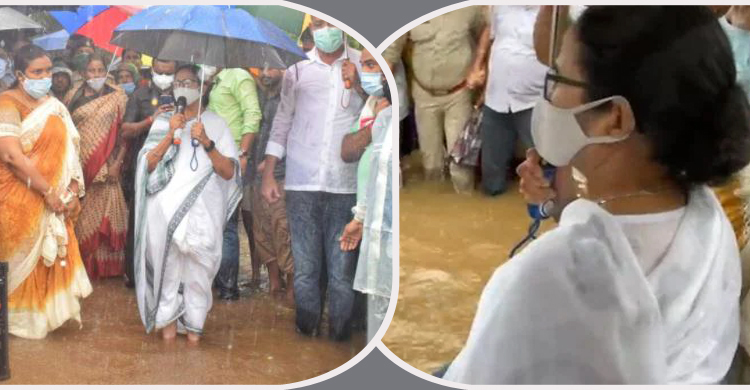 বন্যার পানিতে নেমে অভিযোগের সুর চড়ালেন মমতা